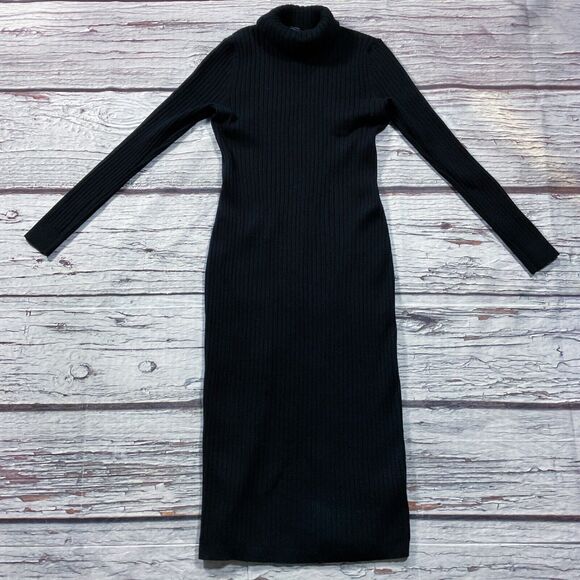 Ann Taylor Womens Dress sz XS Black Ribbed Bodycon Soft Knit Turtleneck Stretch - Picture 2 of 8